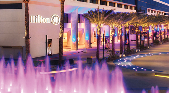 Hilton Anaheim hotel walkway at night